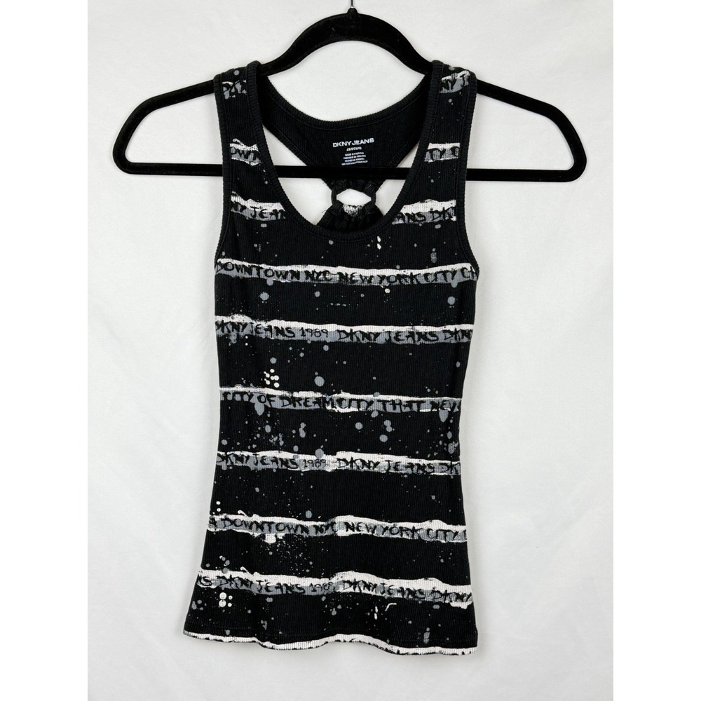 DKNY Jeans Vintage Y2K Black Striped Ribbed Tank Top Paint Splatter XS Emo Scene